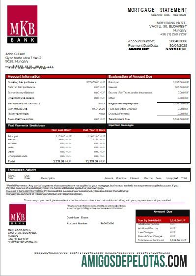 Hungria MKB Bank Bank Mortgage Statement Scr baixar para verificação